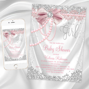 Blush Pink Grey Diamond Pearl Girly Baby Shower Invitation