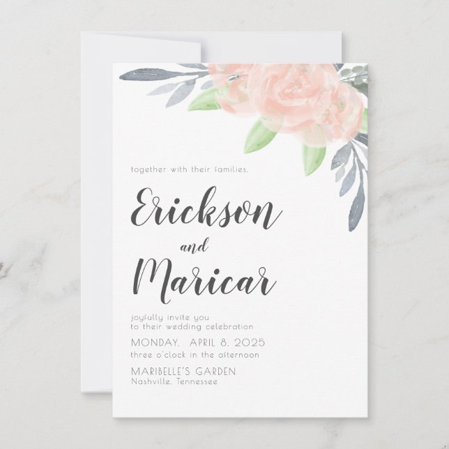 Blush Pink & Grey Floral | Wedding Invitation (Front)