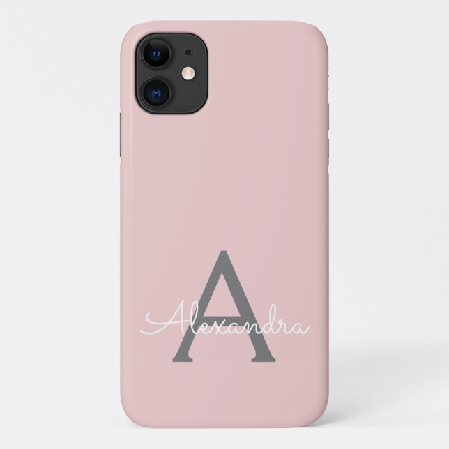 Blush Pink Grey Girly Script Monogram Name Modern Case-Mate iPhone Case (Back)