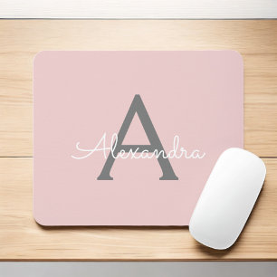 Blush Pink Grey Girly Script Monogram Name Modern Mouse Pad