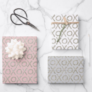 Blush Pink Grey Glitzy Silver XOXO   Wrapping Paper Sheet