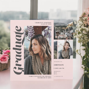 Blush pink grey graduate script photo graduation invitation