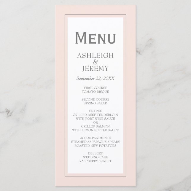 Blush Pink Grey Modern Minimalist Wedding Menu (Front)