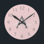 Blush Pink Grey Modern Script Girly Monogram Name<br><div class="desc">Blush Pink and Grey Simple Script Monogram Name Clock. This makes the perfect sweet 16 birthday,  wedding,  bridal shower,  anniversary,  baby shower or bachelorette party gift for someone that loves glam luxury and chic styles.</div>