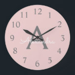 Blush Pink Grey Modern Script Girly Monogram Name<br><div class="desc">Blush Pink and Grey Simple Script Monogram Name Clock. This makes the perfect sweet 16 birthday,  wedding,  bridal shower,  anniversary,  baby shower or bachelorette party gift for someone that loves glam luxury and chic styles.</div>