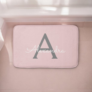 Blush Pink Grey Modern Script Girly Monogram Name Bath Mat