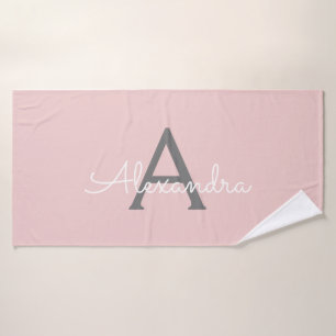 Blush Pink Grey Modern Script Girly Monogram Name Bath Towel