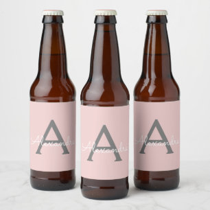 Blush Pink Grey Modern Script Girly Monogram Name Beer Bottle Label