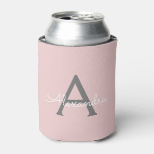 Blush Pink Grey Modern Script Girly Monogram Name Can Cooler