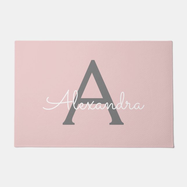 Blush Pink Grey Modern Script Girly Monogram Name Doormat (Front)