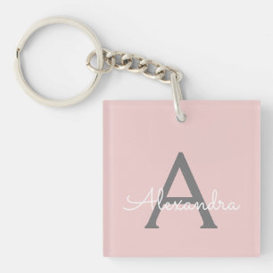 Blush Pink Grey Modern Script Girly Monogram Name Key Ring