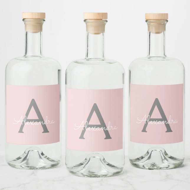 Blush Pink Grey Modern Script Girly Monogram Name Liquor Bottle Label (Bottles)