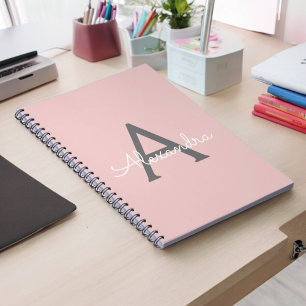Blush Pink Grey Modern Script Girly Monogram Name Notebook