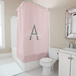 Blush Pink Grey Modern Script Girly Monogram Name Shower Curtain