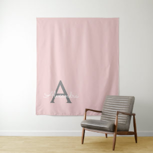 Blush Pink Grey Modern Script Girly Monogram Name Tapestry