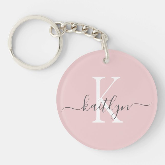 Blush Pink Grey Name Initial Monogram Key Ring (Front)