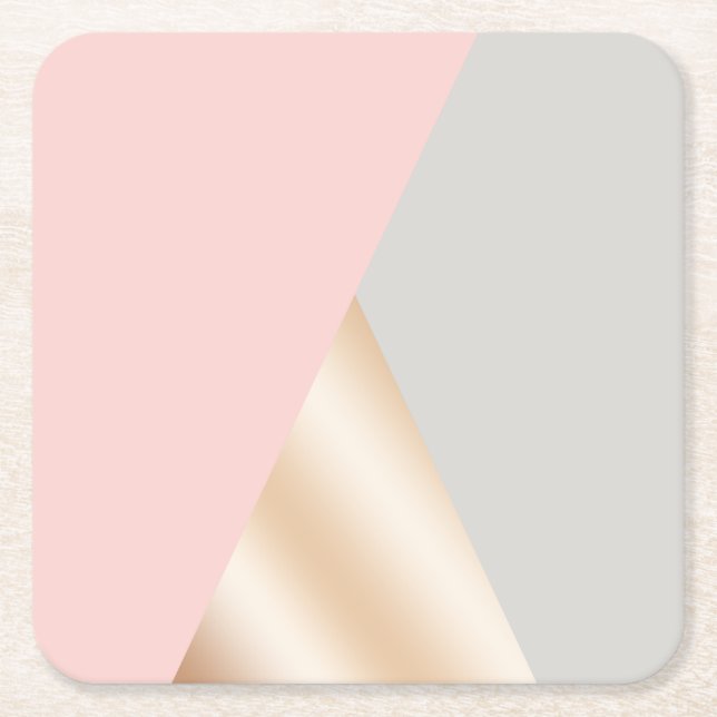 Blush pink, grey & rose gold geometric triangles square paper coaster (Front)