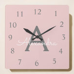Blush Pink Grey Script Monogram Girly Name Square Wall Clock<br><div class="desc">Blush Pink and Grey Script Monogram Name Clock. This makes the perfect sweet 16 birthday,  wedding,  bridal shower,  anniversary,  baby shower or bachelorette party gift for someone that loves glam luxury and chic styles.</div>