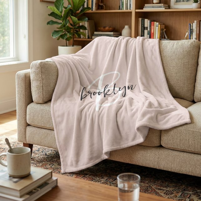 Blush Pink Grey Script Monogram Name Fleece Blanket (Creator Uploaded)