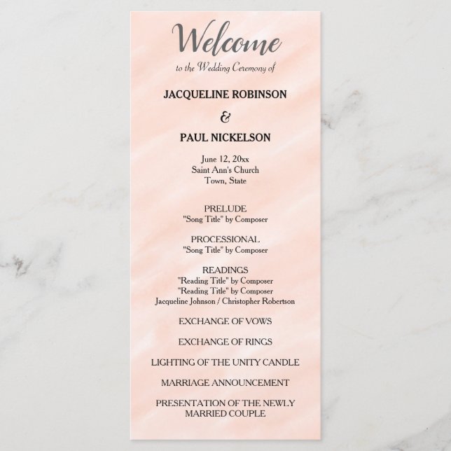Blush Pink Grey Watercolor Wedding Program Programme (Front)