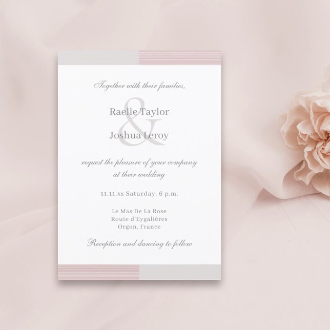 Blush Pink Grey White Stripes Ampersand Wedding Invitation (Creator Uploaded)