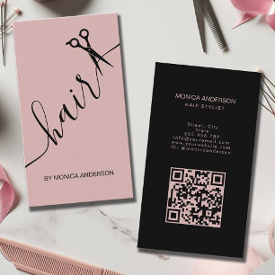 Blush Pink Hair Script Stylist Scissors QR Code Business Card
