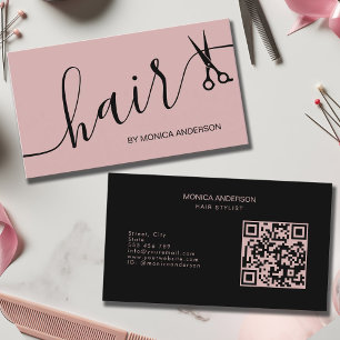 Blush Pink Hair Script Stylist Scissors QR Code Business Card