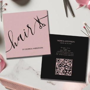 Blush Pink Hair Script Stylist Scissors QR Code Square Business Card
