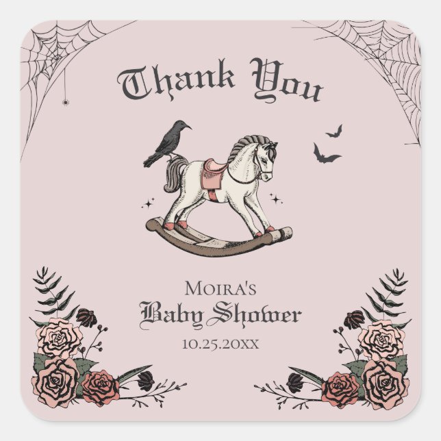 Blush Pink Halloween Baby Shower Thank You Square Sticker (Front)