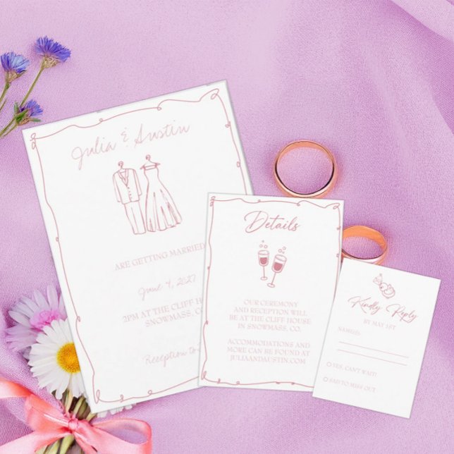 Blush Pink Hand Drawn Bride and Groom Wedding Invitation (Creator Uploaded)