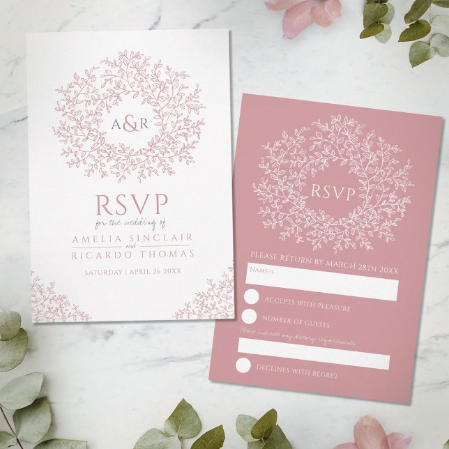 Blush pink hand drawn leaf monogram RSVP wedding (Creator Uploaded)