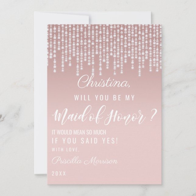 Blush Pink Hanging Diamond Lights Maid of Honour Invitation (Front)