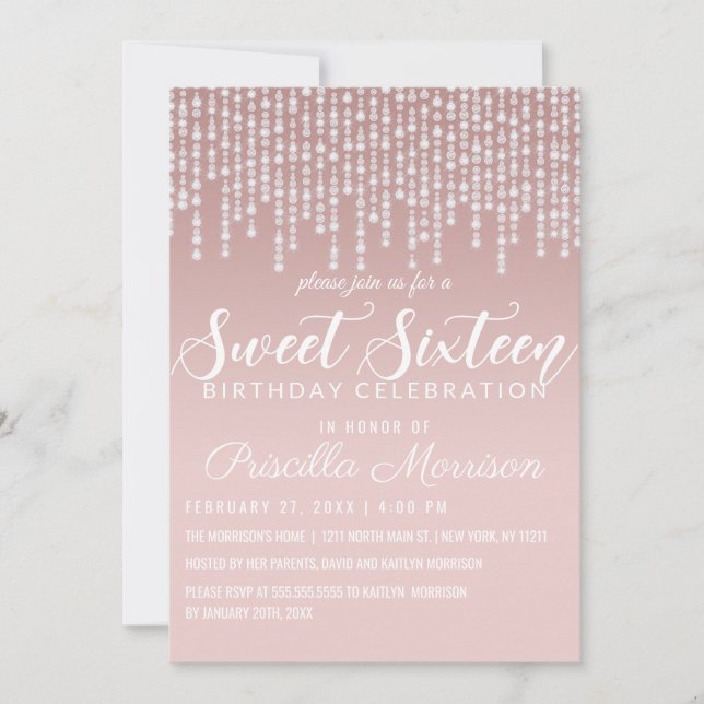 Blush Pink Hanging Diamond Lights Sweet 16 Invitation (Front)