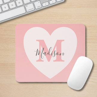 Blush Pink Heart Custom Monogram Name  Mouse Pad