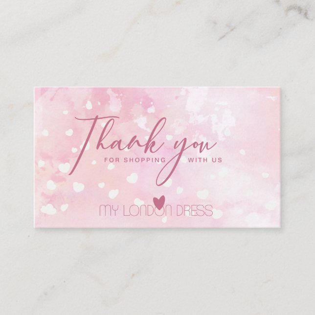 BLUSH PINK HEART WATERCOLOR THANK YOU BUSINESS CARD (Front)