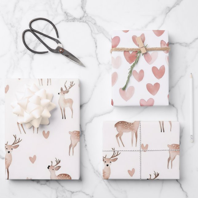 Blush Pink Hearts Cream Deer Christmas Wrapping Paper Sheet (Front)