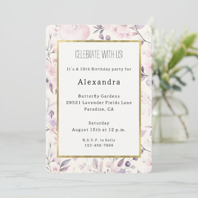 Blush Pink Hearts Purple Flowers Birthday Invitation (Standing Front)
