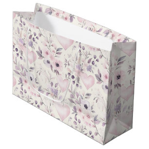 Blush Pink Hearts Purple Flowers Birthday Large Gift Bag