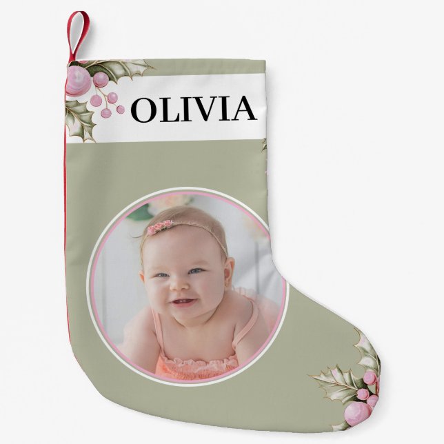 Blush Pink Holly Berry Christmas Stocking (Front)