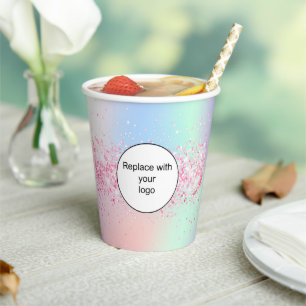 Blush pink holographic business corporate logo paper cups