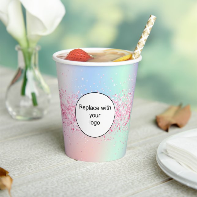 Blush pink holographic business corporate logo paper cups (Insitu)