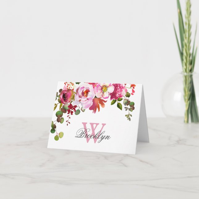 Blush Pink Hot Pink Floral Monogrammed Note Card (Front)