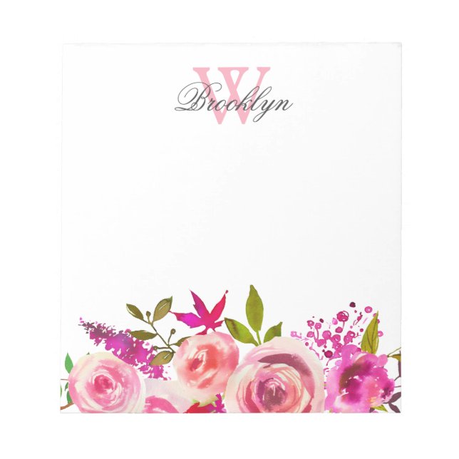 Blush Pink Hot Pink Garden Floral Monogrammed Note (Front)