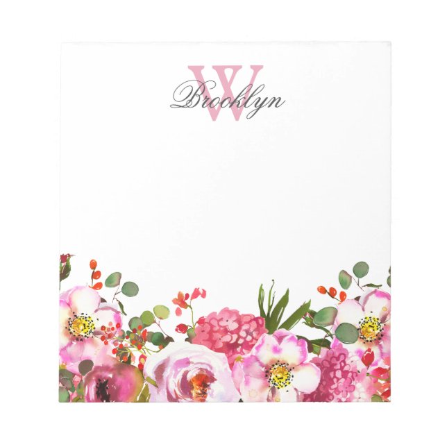 Blush Pink Hot Pink Garden Floral Monogrammed Notepad (Front)