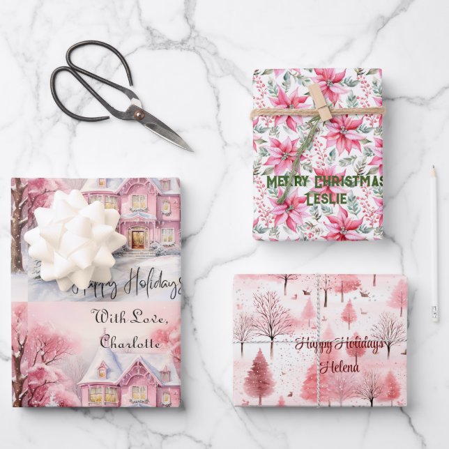 Blush Pink House Christmas Tree Poinsettia Custom Wrapping Paper Sheet (Front)
