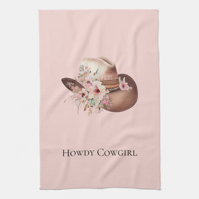 Blush Pink Howdy Cowgirl Floral Western Hats Tea Towel (Vertical)