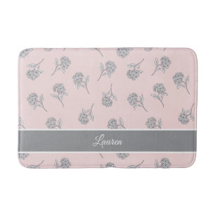 Blush Pink Hydrangea Floral Pattern Monogram Bath Mat