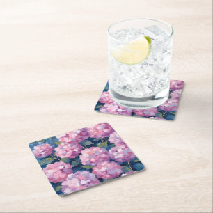 Blush Pink Hydrangeas Floral Square Paper Coaster