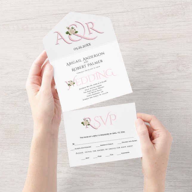 Blush pink initials and ampersand, rose wedding all in one invitation (Tearaway)