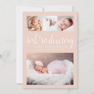 Blush Pink Introducing Photo Collage Birth Announcement